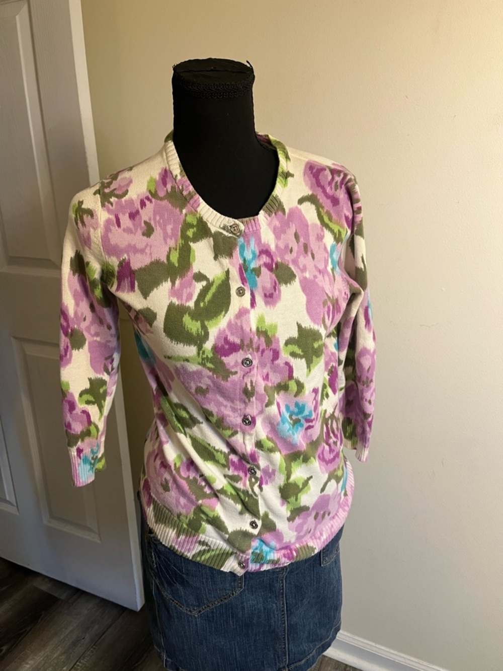 Issac Mizrahi Live Floral Print Button-Up Cardigan in Purple, Blue and Green